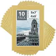 Mat Board Center, Pack of 10, 5x7 for 4x6 Old Gold Color Mats - Bevel Cut, Acid Free, 4-ply Thickness, White Core - for Pictures, Photos, Framing