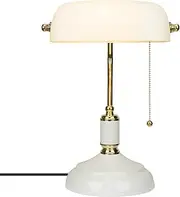 FIRVRE White Glass Bankers Lamp, Traditional Classic Home Office Desk Lamps with Pull Chain Switch, Modern Led Table Light, Plug in, E27, Suitable for Bedroom Office Study Living Room Library etc