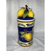 NWT BLUE SKY CLAYWORKS LEMON JUICE BLUE YELLOW WHITE MEDIUM CANISTER COOKIE JAR