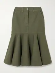[LOEWE] LOEWE - Ruffled Leather-trimmed Cotton-twill Midi Skirt - Army green - FR 32 FR 32 Green