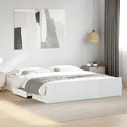 King Bed Frame with Drawers, Storage, Wooden Slats, Metal Base, Portable Bedframe, Perfect for Bedroom, White 183x203 cm
