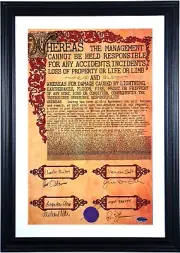 WILLY WONKA CONTRACT - AUTOGRAPHED, FRAMED, SIGNED BY FOUR! 21” X 15”