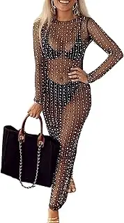 [Wedhapy] Ladies Beach Cover Ups Swimsuit Cover Ups for Women Sexy Women Pearl Dress Sheer Mesh Pearl Rhinestone Cover Up Dress Beach Bikini Coverups Black L