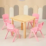 60CM Square Wooden Kids Table and 4 Pink Chairs Childrens Desk Pinewood Natural