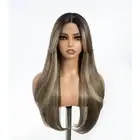 Ombre Ash Blonde Synthetic Lace Front Wigs with Curtain Bangs, Highlight Ligh...