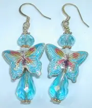 Cloisonne Butterfly Earrings with Teardrop Briolette Crystal Handcrafted