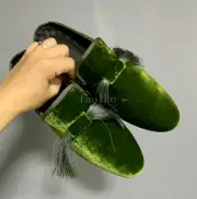 Mens Closed Toe Tassels Velvet Slip On Loafers Mules Flats Shoes Casual Green sz