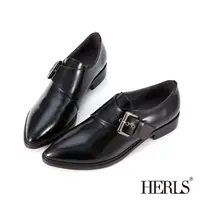 在飛比找momo購物網優惠-【HERLS】孟克鞋-鏡面全真皮單釦環尖頭低跟孟克鞋(黑色)