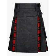 Men's Black Denim Hybrid Scottish Utility Tartan Kilt with Adjustable Strap.