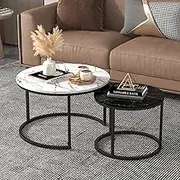 Advwin Coffee Table Set of 2, Round Nesting Table Marble Pattern Wooden Side Table Metal Frame End Table for Living Room White+Black