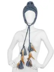 Womens Blue Knit Trapper Hat Pom Top & Braided Peruvian Feather Tassels
