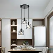 Ganeed Industrial 3-Light Pendant Light, Adjustable Flush Mount Ceiling Lighting for Kitchen Island Living Room Bedroom Hallway, Vintage Hanging Pendant Lights Fixture with Metal Cage Shade, Black
