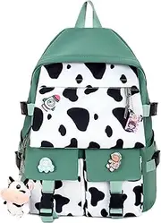 [Unineovo] Cow Print Kawaii Backpack with Cute Pin Accessories Plush Pendant Kawaii School Backpack Cute Aesthetic Backpack, Pink, 32*17*45cm, Fashion