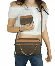 MICHAEL KORS JET SET CHAIN CROSSBODY BAG + MINI WALLET SET MK SIGNATURE BROWN