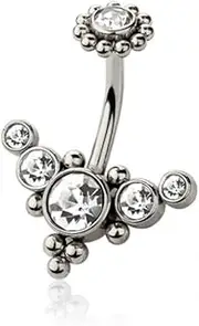 [Pierced Owl] 14GA 316L Stainless Steel CZ Crystal Gem Cluster Belly Button Ring