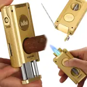 Lubinski 2 Jet Flame Torch Cigar Lighter V-cut Vintage Punch Holder Needle GOLD