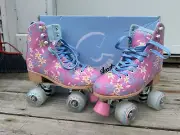 Pink Floral Roller Skates With Pink&Black Pads And Helmet (basically New)