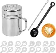 1 Sizes Coffee Sprinkles Powder(5.5cm x 8.2cm with 16 Coffee Stencils,1 Latte Art Pen（13.5cm x 0.5cm） and 1 Fruit Powder Spoon（21cm x 4cm）, Coffee Accessories Stainless Steel Mesh Icing Sugar Shaker
