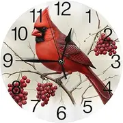 KiuLoam Winter Bird Cardinal Round Wall Clock Silent Non Ticking Battery Operated Easy to Read for Student Office School Home Decorative Clock Art