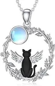[Reaii] Cat Necklace for Women 925 Sterling Silver Moonstone Cute Black Cat Pendant Necklaces Ladies Cat Jewelry Birthday Cat Gifts for Girls Cat Lovers, Sterling Silver, Moonstone