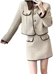 [Generic] Women Hit Color Cropped Coat + Mini Skirt Suit Set Sweet Vintage Two Piece Set
