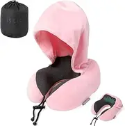JSELF Travel Pillow with Hood, Neck Pillow for Airplane, Hooded Neck Pillow for Travel, Long Flight, Car, Plane, Office, Sleeping, 100% Pure Memory Foam Head Chin Support Airplane Pillow - Pink