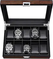 BEWISHOME Watch Box -10 Slot Luxury Wooden Watch Cases for Men Watch Storage with Real Glass Top, Mens Watch Organizer Holder with Removable Pillows, Smooth Faux Leather Interior, Brown SSH10Y