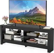 Giantex Corner TV Stand with Power Outlet, 3-Tier Entertainment Center with 4 Open Storage Shelves, 140CM Multifunctional Console Table for Up to 65 Inch TV, for Living Room & Bedroom (Black)