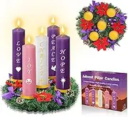 Kenburg Christmas Advent Wreath 5 Candle Holder Set with 2x7'' Pillar Advent Candles, 12 Inch Ring Candle Holder Fire Retardant Centerpiece Decoration for Holiday Rustic Table Indoor Home Church