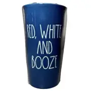 Rae Dunn Tumbler 17 oz “RED, WHITE AND BOOZE” Blue Ceramic Travel Mug NIB!