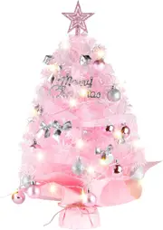 Tabletop Christmas Tree with Lights, 24 inch/2 ft Pink Christmas Tree with Star Ornaments Led String Light