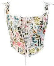 [Generic] Excision Women Sexy Bustier Corset Top Zipper Eyelet Lace Up Floral Print Push Up Crop Tops Vintage Tank Top Party Clubwear Bodice Sweat Band Waist Women