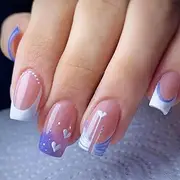 Kinretixia Pack of 24 French Press on Nails, Adhesive Nails, Square False Nails for Valentine's Day, White Heart, French Acrylic Nails, False Nails for Women