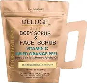 DELUGE - VITAMIN C SCRUB. DRIED ORANGE PEEL. DEAD SEA SALT, HONEY AND JOJOBA OIL