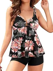 [SHEKINI] Women Tankini Swimwear Sets with Boyshorts Vintage Ruffles Two Piece Swimsuit Rings Push Up Plus Size Swimming Costume Swim Set Floral Print Bathing Suits