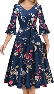 [DRESSTELLS] Cocktail Dress for Women Elegant & Chic V-Neck Double Bell Sleeve Formal Modest Church Dress for Wedding Guest