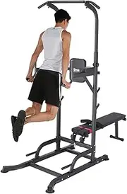 UBOWAY Power Tower with Sit up Bench Pull-Up Chin Up Dip Station Adjustable Height Heavy Duty Multi-Function Fitness Training Equipment Home Gym T058
