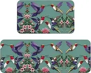 Flower Hummingbirds Embroiderys Print Kitchen Floor Mat 2 Sets Non-Slip Rugs for Kitchen Laundry Office and Home Decor