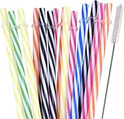 Karjiaja 15 PCS Plastic Reusable Straws Mason Jar Straws Thick Plastic Drinking Straws Striped Plastic Hard Straws BPA Free Long Straws with 1 PCS Cleaning Brush for Yeti Tumbler Cocktails Drinking