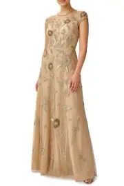 Aidan Mattox Illusion Crew Neck Cap Sleeve Zipper Back A-Line Beaded Mesh Dress