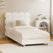 Oikiture Bed Frame Single Size Tufted Bedhead Boucle Fabric White