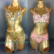 Women Belly Dance Costumes Set Sequin Beads Tassel Fringe Bra+Belt Stage Wear