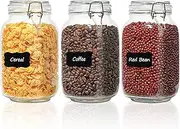 ComSaf 50oz Glass Jar with Airtight Clamp Lid, Set of 3 Large Clear Food Storage Canister, 1500ml Kitchen Pantry Organization Container for Flour,Sugar,Pasta,Cereal,Bean,Canning, Square Mason Jars