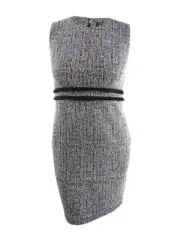 DKNY Women's Fringe-Trim Tweed Sheath Dress (14, Black/Ivory)