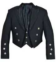 New Scottish Men Black Prince Charlie Serge Wool Highland Kilt Jacket and Vest