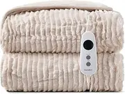 [Dreamaker] Eyelash Long Ribbed Fleece Electric Heated Throw Blanket 200x180cm Winter Warmer Reversible Rug Energy Efficient Overheat Protection 9 Heat Settings Extra Long Cord Controller- Natural