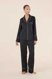 Ladies Gingerlilly Black Satin Luxurious Long Pyjamas Set PJS (Adele)