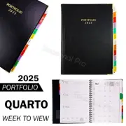 2025 Portfolio Diary Quarto Week To View Classic Black PVC With Tabs Planner AU