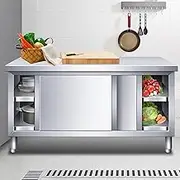 YUGXTH Stainless Steel Work Table, Kitchen Prep Table with Sliding Doors, Single Pass Kitchen Worktop Storage Cabinets, Large Space Storage Cabinet Chopping Table, for Home, Restaurant(80x40x80cm)