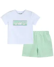 Lil Cactus Seersucker Shorts & Easter Bunny Smocked Shirt Set